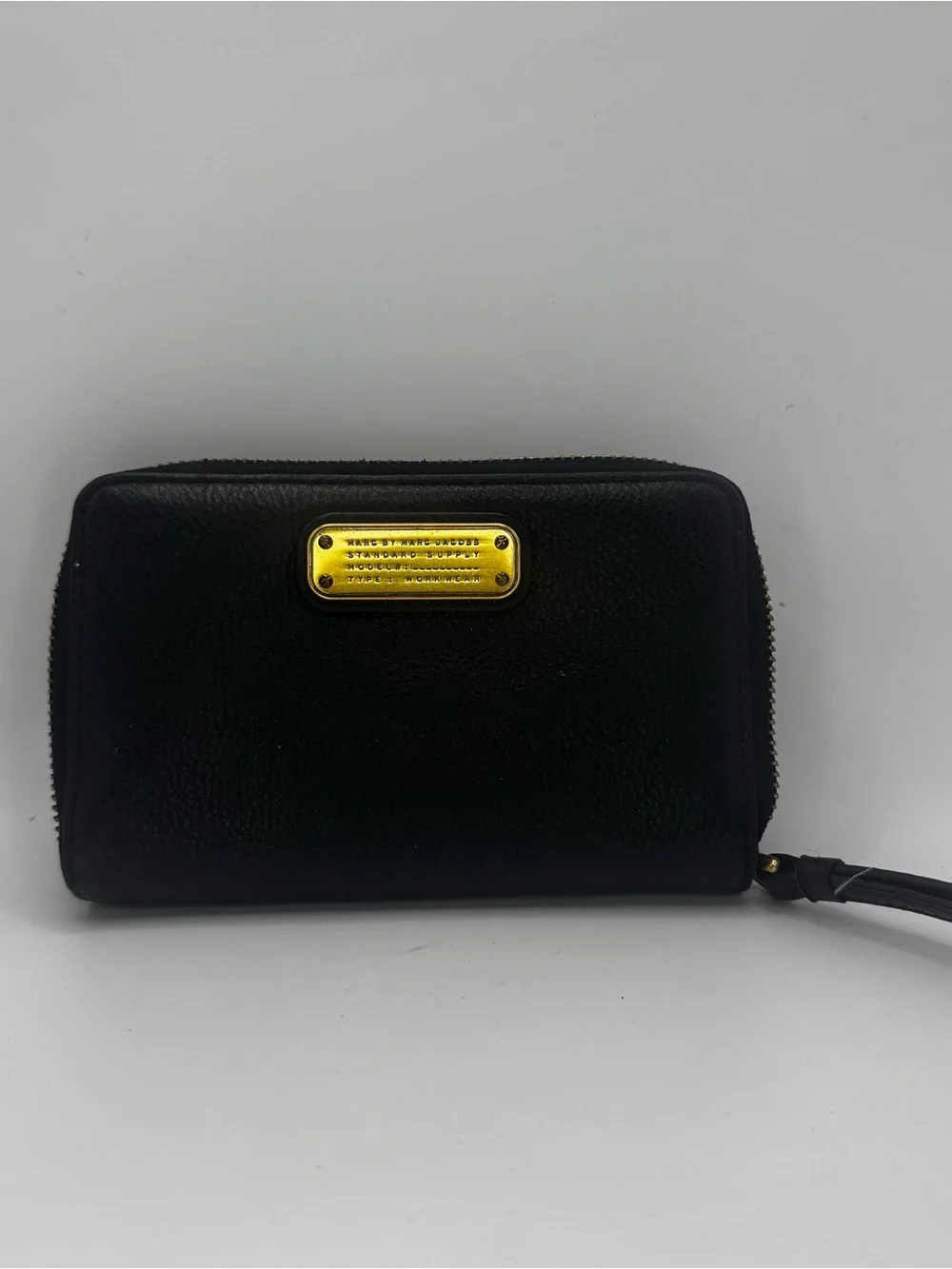 Marc by Marc Jacobs Black Leather Zip-Around Wallet with Gold Plaque